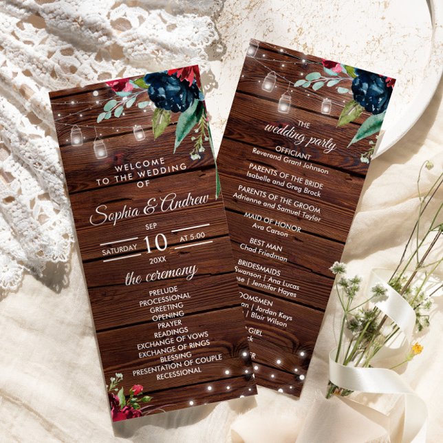 Rustic Wood Burgundy Floral Lights Wedding Program (Creator Uploaded)