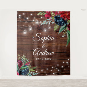 Rustic Wood Burgundy Floral Lights Wedding Tapestry