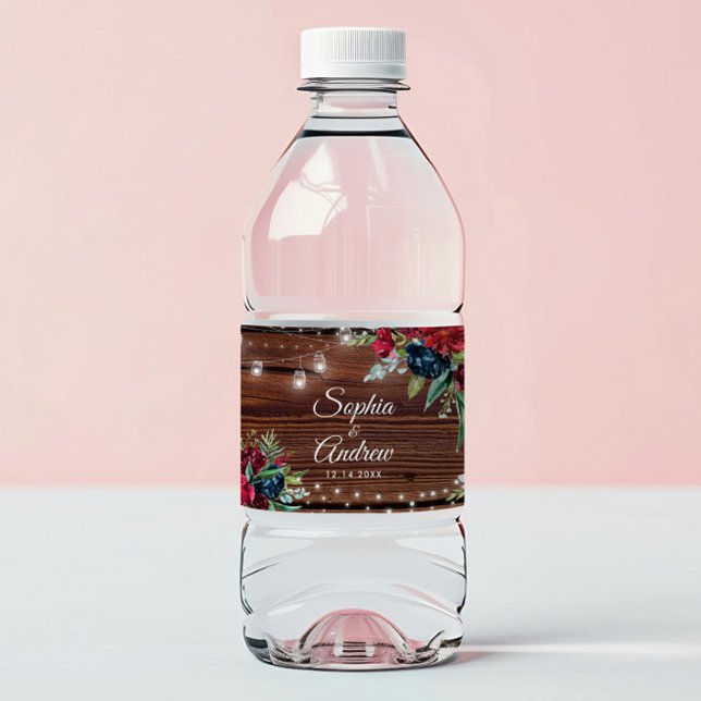 Rustic Wood Burgundy Floral Lights Wedding Water B Water Bottle Label (Creator Uploaded)