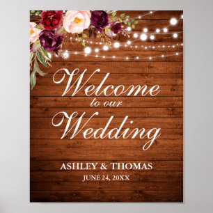 Rustic Wood Burgundy Floral Lights Wedding Welcome Poster