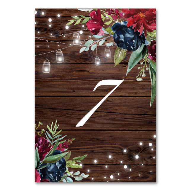 Rustic Wood Burgundy Floral Lights Wood 7 Table Number (Front)
