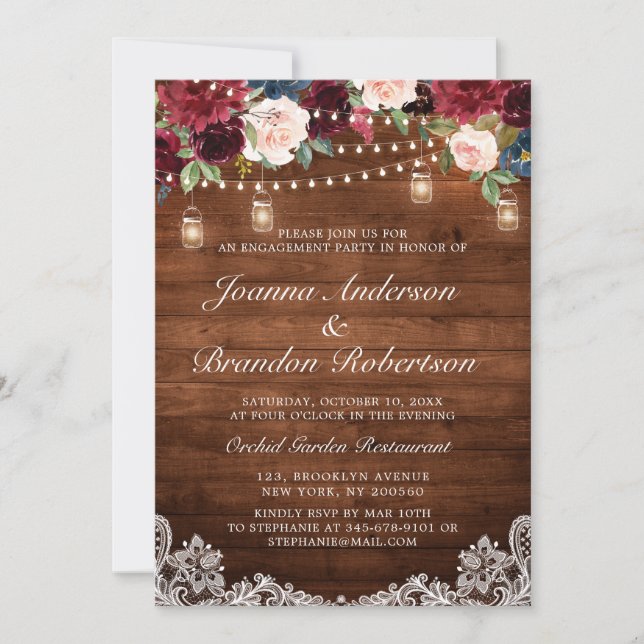 Rustic Wood Burgundy Floral Mason Jar Engagement Invitation (Front)