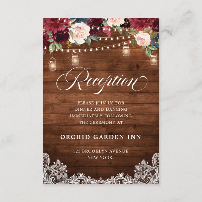 Rustic Wood Burgundy Floral Mason Jar Reception Enclosure Card (Front)