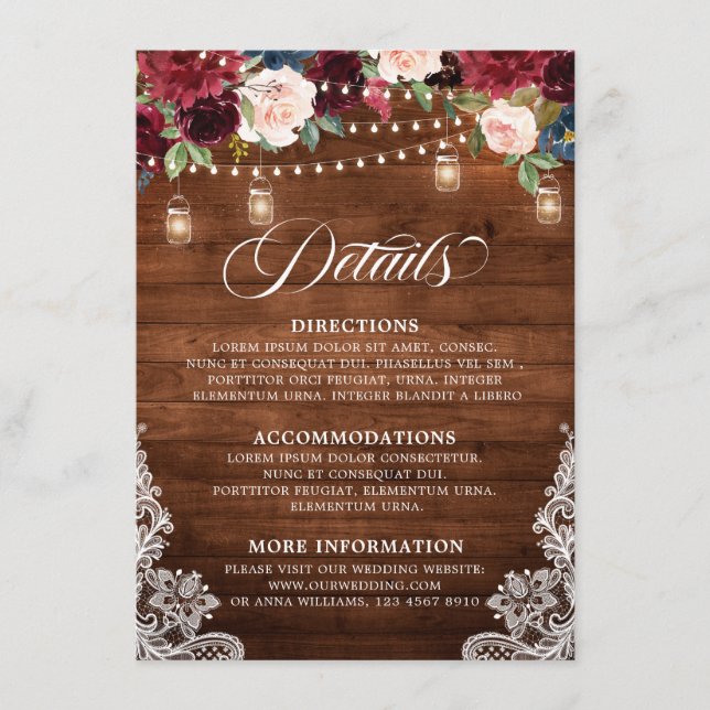 Rustic Wood Burgundy Floral Mason Jar Wedding Enclosure Card (Front)