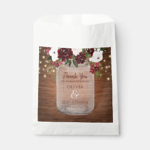 Rustic Wood Burgundy Floral Mason Jar Wedding Favour Bag