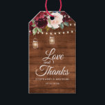 Rustic Wood Burgundy Floral Mason Jar Wedding Gift Tags<br><div class="desc">Rustic country wood floral boho wedding love and thanks gift tag features hand-painted watercolor floral graphics / roses in rich tones of Burgundy , Marsala Red navy blue and blush pink / peach and charming hand lettering style font with String lights mason jar and lace wooden background. Please contact me...</div>