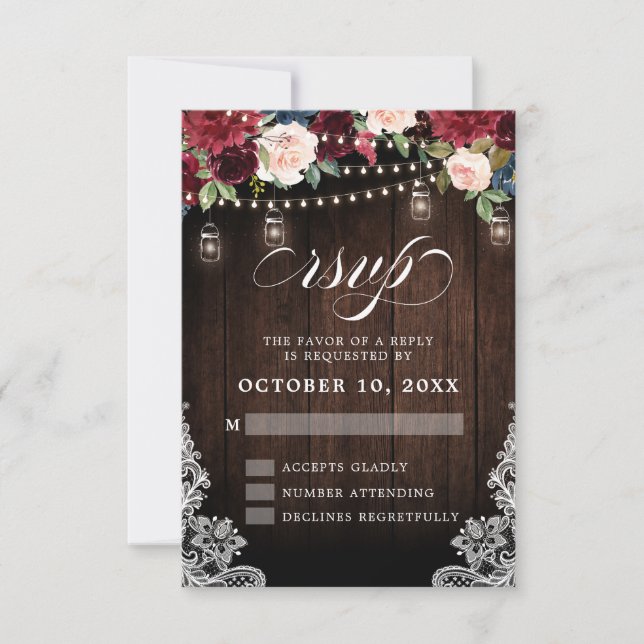 Rustic Wood Burgundy Floral Mason Jar Wedding RSVP Card (Front)