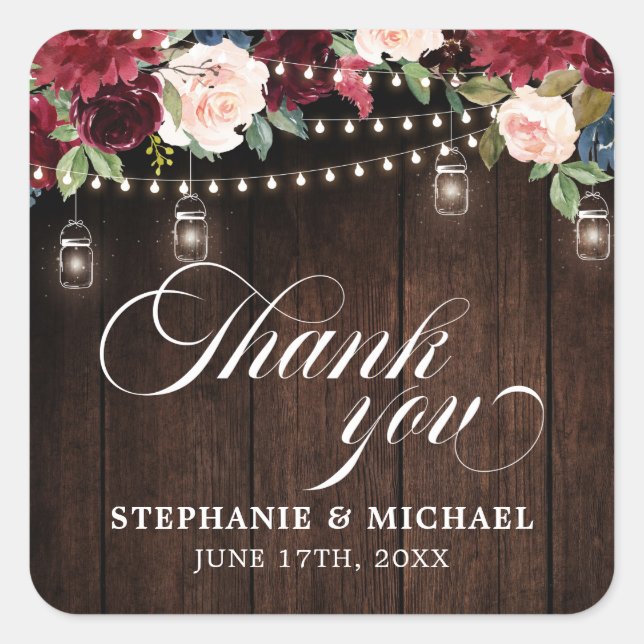 Rustic Wood Burgundy Floral Mason Jar Wedding Square Sticker (Front)