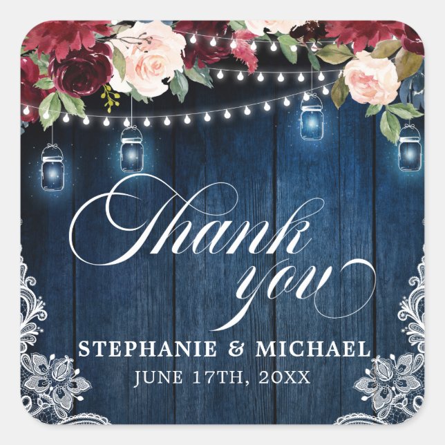 Rustic Wood Burgundy Floral Mason Jar Wedding Square Sticker (Front)