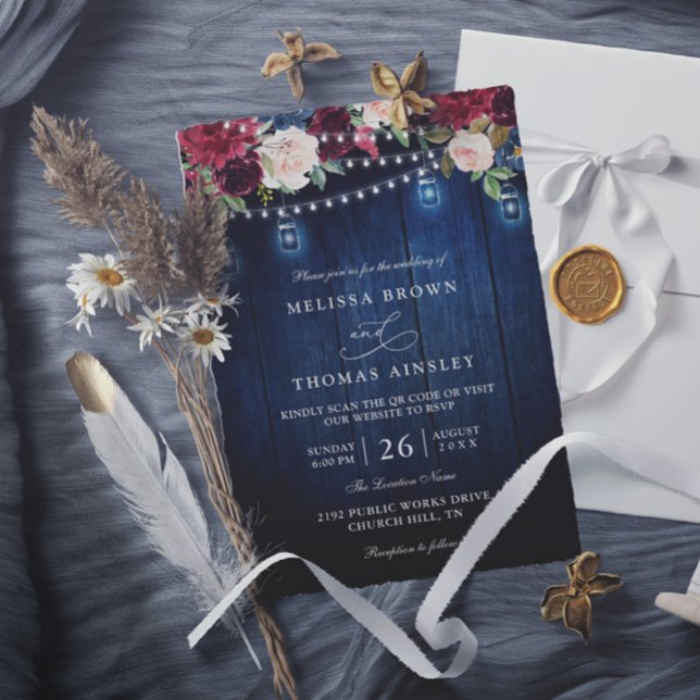 Rustic Wood Burgundy Floral Mason QR Code Wedding Invitation (Creator Uploaded)