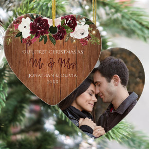 Rustic Wood Burgundy Floral Newlywed Photo Ceramic Ornament