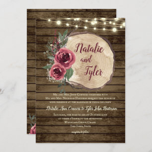 Rustic Wood Burgundy Floral Tree Slice Lights Wed Invitation