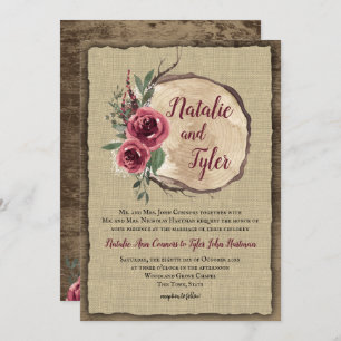 Rustic Wood Burgundy Floral Tree Slice Wedding Invitation