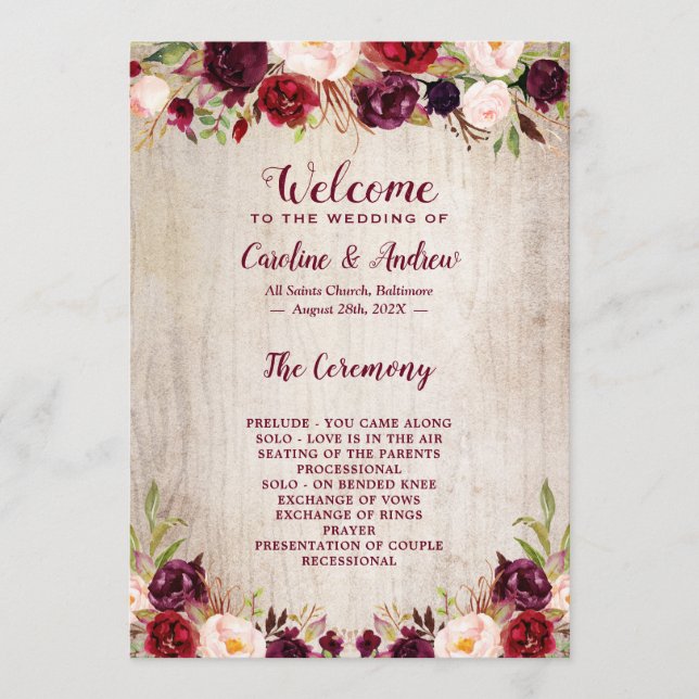 Rustic Wood Burgundy Floral Wedding Ceremony Program (Front)