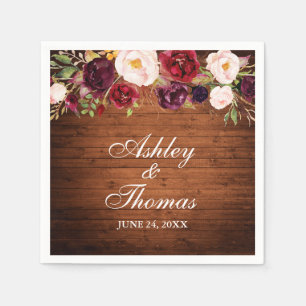 Rustic Wood Burgundy Floral Wedding Napkin