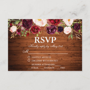 Rustic Wood Burgundy Floral Wedding RSVP w/Meal