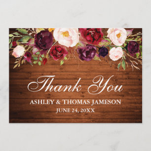 Rustic Wood Burgundy Floral Wedding Thank You Card