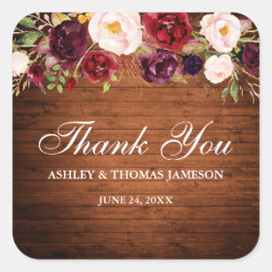 Rustic Wood Burgundy Floral Wedding Thank You Square Sticker