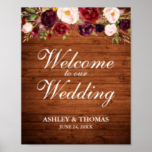 Rustic Wood Burgundy Floral Wedding Welcome Poster