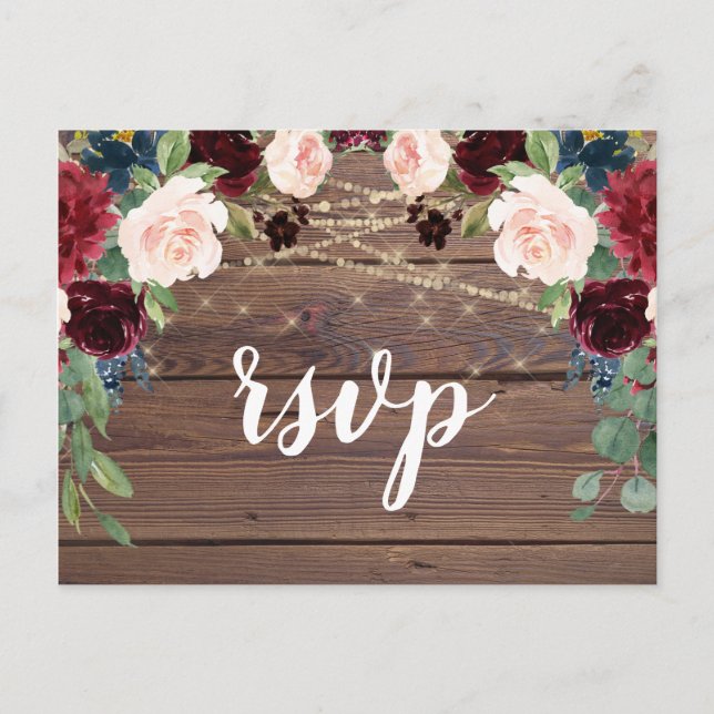 Rustic Wood Burgundy Flowers RSVP Card (Front)