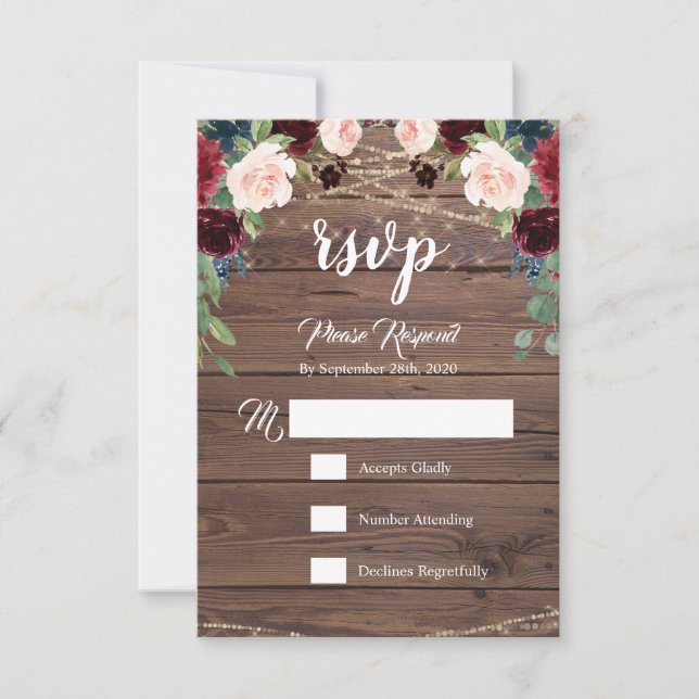Rustic Wood Burgundy Flowers RSVP Card (Front)