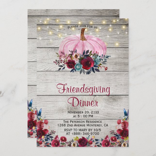 Rustic Wood Burgundy Friendsgiving Invitations (Front/Back)
