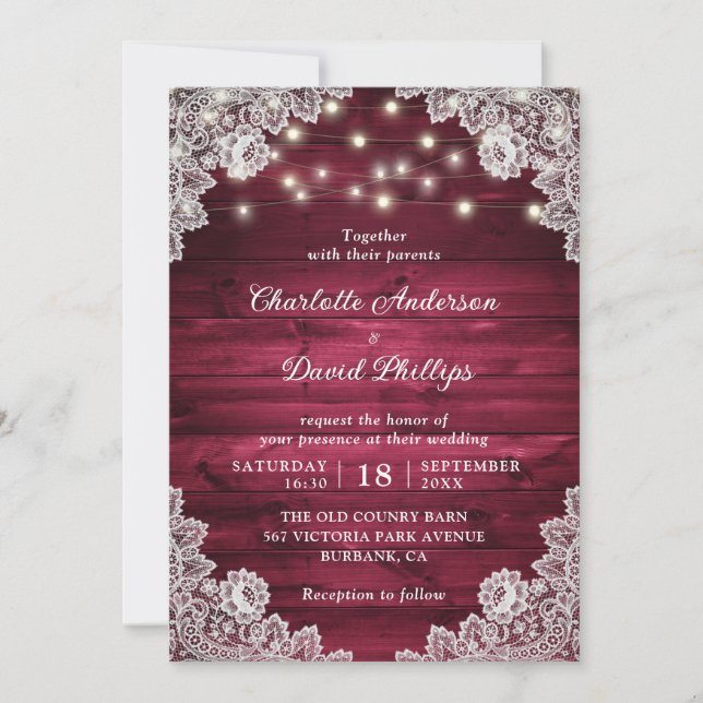 Rustic Wood Burgundy Lace String Lights Wedding Invitation (Front)