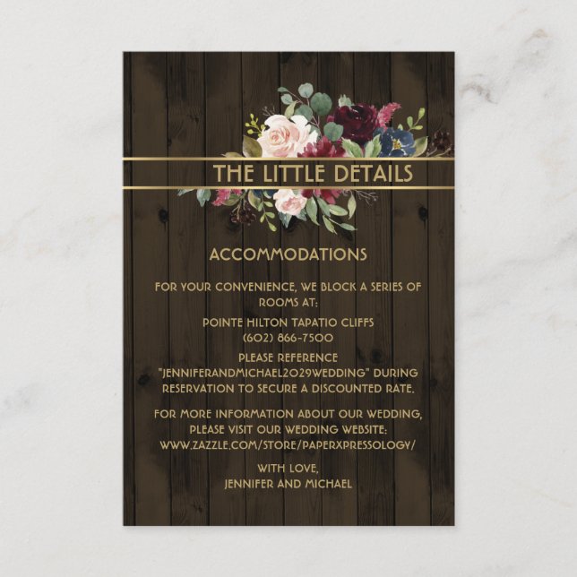 Rustic Wood Burgundy Navy Gold Bouquet Details Enclosure Card (Front)