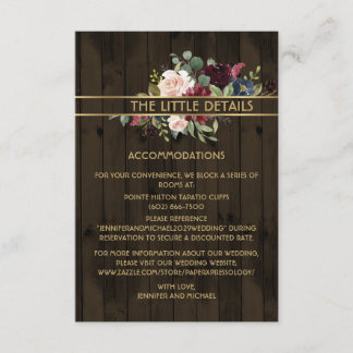 Rustic Wood Burgundy Navy Gold Bouquet Details Enclosure Card