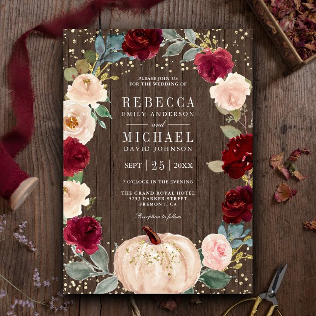 Rustic Wood Burgundy Peach Floral Pumpkin Wedding Invitation (Creator Uploaded)