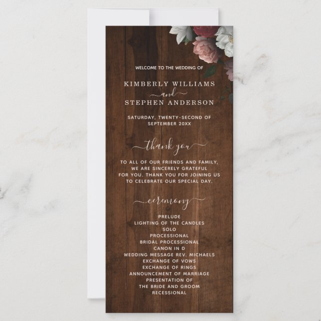 Rustic Wood Burgundy Pink Floral Wedding Program (Front)
