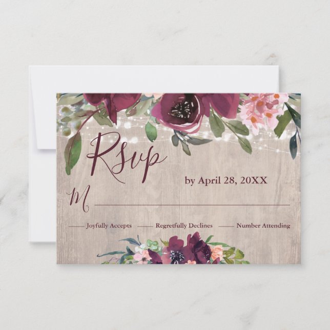 Rustic Wood Burgundy & Pinks Boho Floral Lights  RSVP Card (Front)