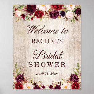 Rustic Wood Burgundy Red Floral Bridal Shower Sign