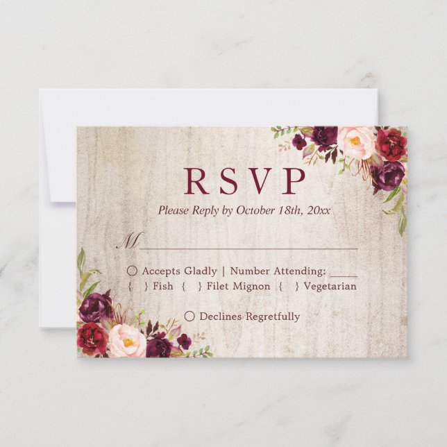 Rustic Wood Burgundy Red Floral Wedding RSVP (Front)
