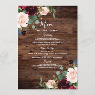Rustic Wood Burgundy Red Wine Flowers Wedding Menu