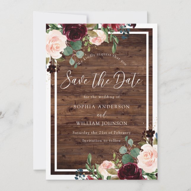 Rustic Wood Burgundy Red Wine Flowers Wedding Save The Date (Front)