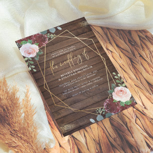 Rustic Wood Burgundy Roses Gold Geometric Wedding Invitation
