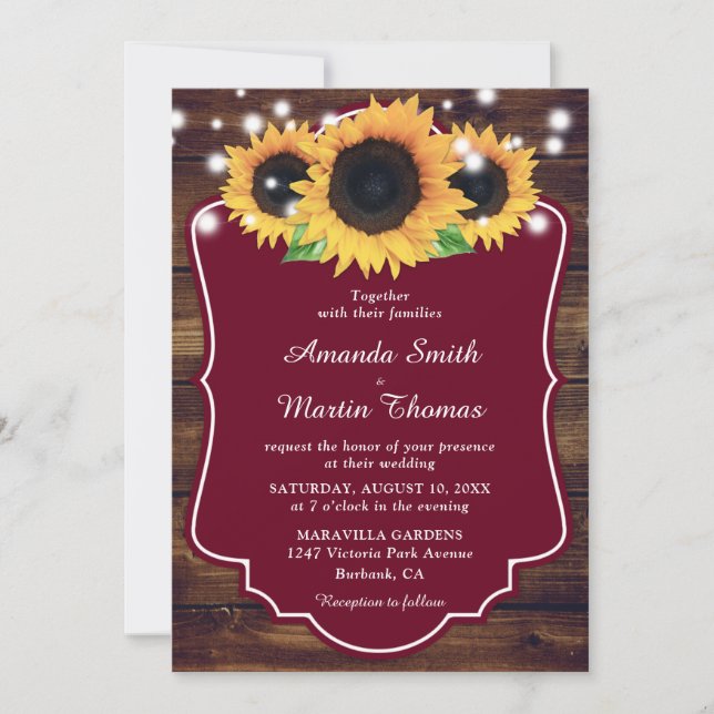 Rustic Wood Burgundy Sunflower Wedding Invitation (Front)
