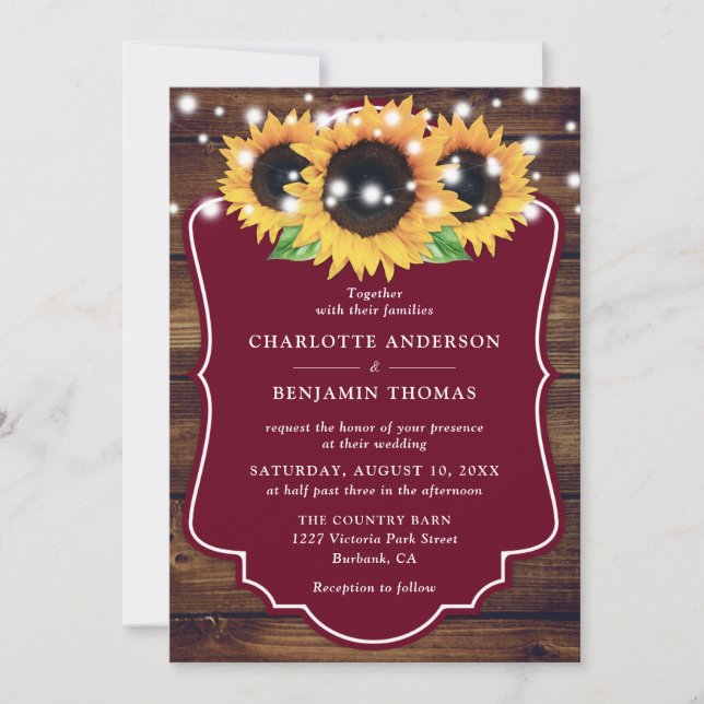 Rustic Wood Burgundy Sunflower Wedding Invitation (Front)