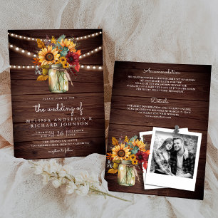 Rustic Wood Burgundy Sunflowers Mason Jar Wedding Invitation