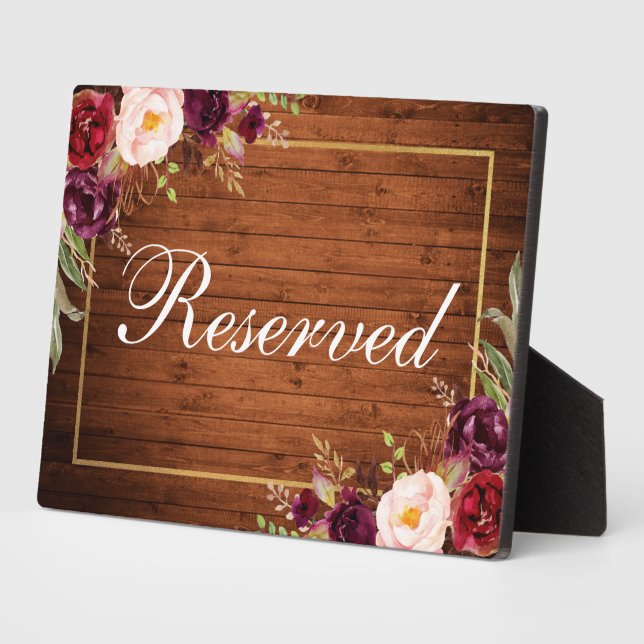 Rustic Wood Burgundy Wedding Reserved 5x7 Table Plaque (Side)