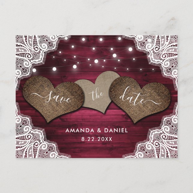 Rustic Wood Burgundy Wedding Save The Date Announcement Postcard (Front)