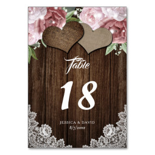 Rustic Wood Burlap and Lace Blush Pink Floral Table Number