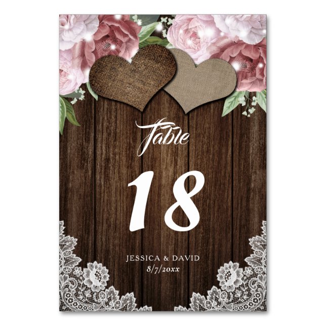 Rustic Wood Burlap and Lace Blush Pink Floral Table Number (Front)