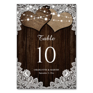 Rustic Wood Burlap and Lace Table Number Cards