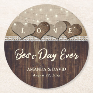 Rustic Wood Burlap and Lace Wedding Coasters
