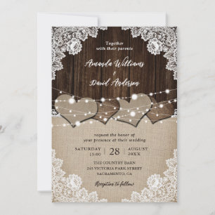 Rustic Wood Burlap and Lace Wedding Invitations