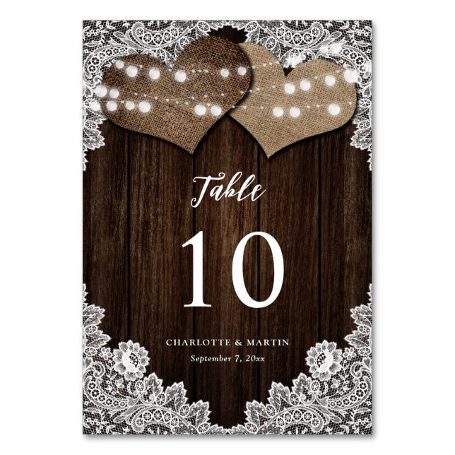 Rustic Wood Burlap Floral Lace Country Wedding Table Number (Front)