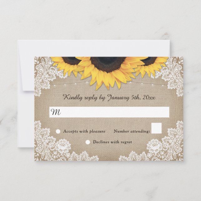 Rustic Wood Burlap Floral Lace Sunflower Wedding RSVP Card (Front)