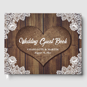 Rustic Wood Burlap Heart Floral Lace Wedding Guest Book
